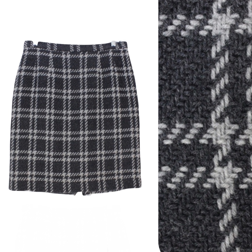 Vintage Dark Academia 90s 100% Wool Plaid Check Grey Gray Mini Skirt - Picture 1 of 10